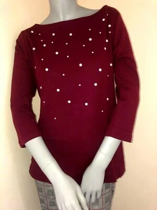 Brandneu mit Etikett von Designer Karen Scott, Merlot Perlen U-Boot-Ausschnitt Top - Größe Small - Bild 1 von 6