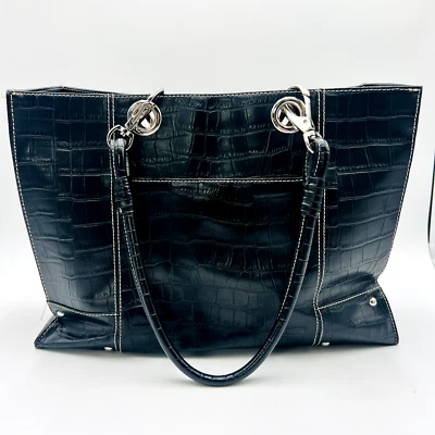 Bolso de Mano Wilson's de Cuero Negro Cocodrilo con Interior de Leopardo Doble Asa Foto 1 de 4