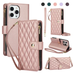 Custodia in pelle per iPhone 16 15 14 13 Pro Max donna tracolla cerniera portafoglio - Foto 1 di 55