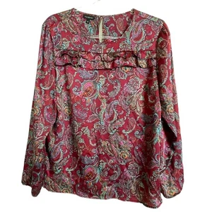 Talbots Women's Red Paisley Print Long Sleeve Blouse Ruffle Detail Size L - Picture 1 of 7