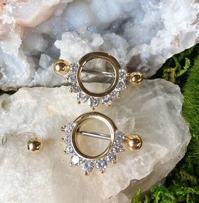 ПАРА зубчатых драгоценных камней полукруглый покрытием 316L стали соски щитки кольца тела ювелирных изделий - Изображение 1 из 4