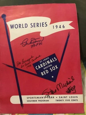 1946 年世界系列节目,签名:斯坦音乐、BOBBY DOERR、JOE GARAGIOLA。 — 第 1/4 张图片