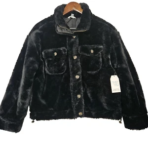 New TIME & TRU Women Faux Fur Shacket Coat Rich Black Size S 4/6 Cinch Waist - Picture 1 of 10