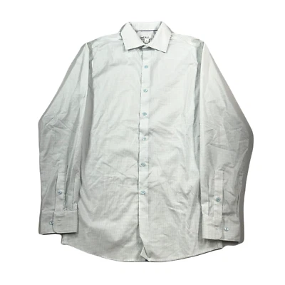 Camisa social masculina slim fit Bar III pequena 14-14,5 azul claro branca estampa de grade - Imagem 1 de 4