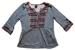 Anthropologie One September T-Shirt 3/4 Sleeve Henley Plaid Patchwork Tunic PP - Picture 1 of 5