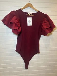 Ee: einige Damen weinrot/karmesinrot Rüschenärmel einfarbiger Body Größe Large, neu mit Etikett - Bild 1 von 9