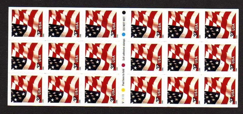 USA Scott 3637a Complete Self Adhesive Pane, 37¢ Flag ATM, Peak-Peak - Image 1 of 1