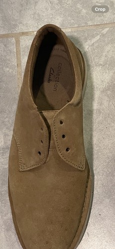 CLARKS scarpe uomo taglia 10 1 2 pelle scamosciata marrone con cravatte usate mancano lacci scarpe