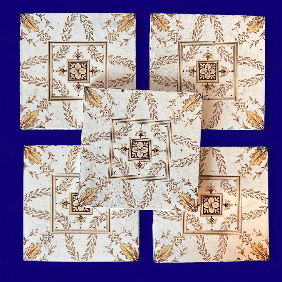 Antique Minton Victorian Tiles, 1891 Floral Transferware, Set of 5, Yellow - Image 1 of 4
