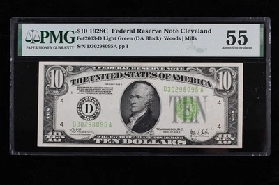 $10 1928C PMG55 AU Federal Reserve Note D30298095A series C TOUGH Cleveland D4 - Image 1 of 4