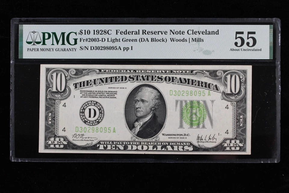 $10 1928C PMG55 AU Federal Reserve Note D30298095A series C TOUGH Cleveland D4 - Image 1 of 4