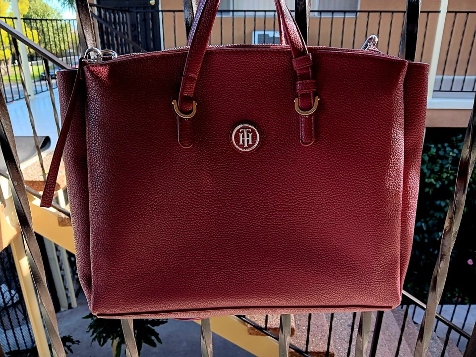Tommy Hilfiger Burgundy Pebble Handbag Gold Tone Logo Hardware Purse - Image 1 of 4
