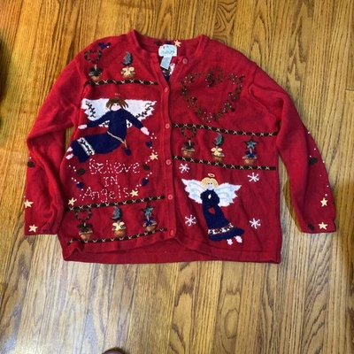 Quacker Factory Festive Holiday Cardigan Sweater "Believe in Angels"  XLarge - Image 1 of 4