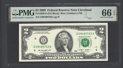 United States-Federal Reserve 2 Dollars 2009 Fr#1939-D (DA Block) UNC Grade 66 - Image 1 of 2