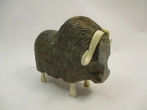 Vintage Carved Stone Buffalo Yak Signed Native Fetish Figure Picasso Marble - Picture 1 of 11