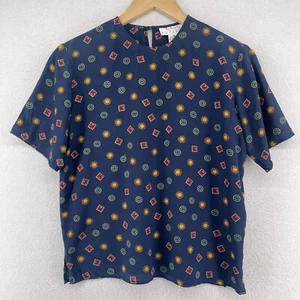 TALBOTS Top 6P Silk Sun Print Sun Print Short Sleeve Keyhole Back Vintage Blue - Picture 1 of 12