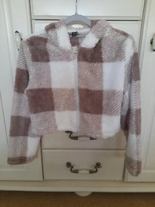 Shein Girls Age 12 Years Beige & Cream Checked Fleece Jacket Crop - Picture 1 of 3