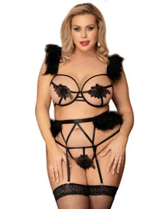 Size 8-10 M Sexy Black Lace Faux Fur Bralette Bra Underwear Lingerie Set - Picture 1 of 9