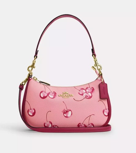 Borsa a tracolla Coach Teri 2 vie tela pelle rosa ciliegia viola CR290 outlet nuova