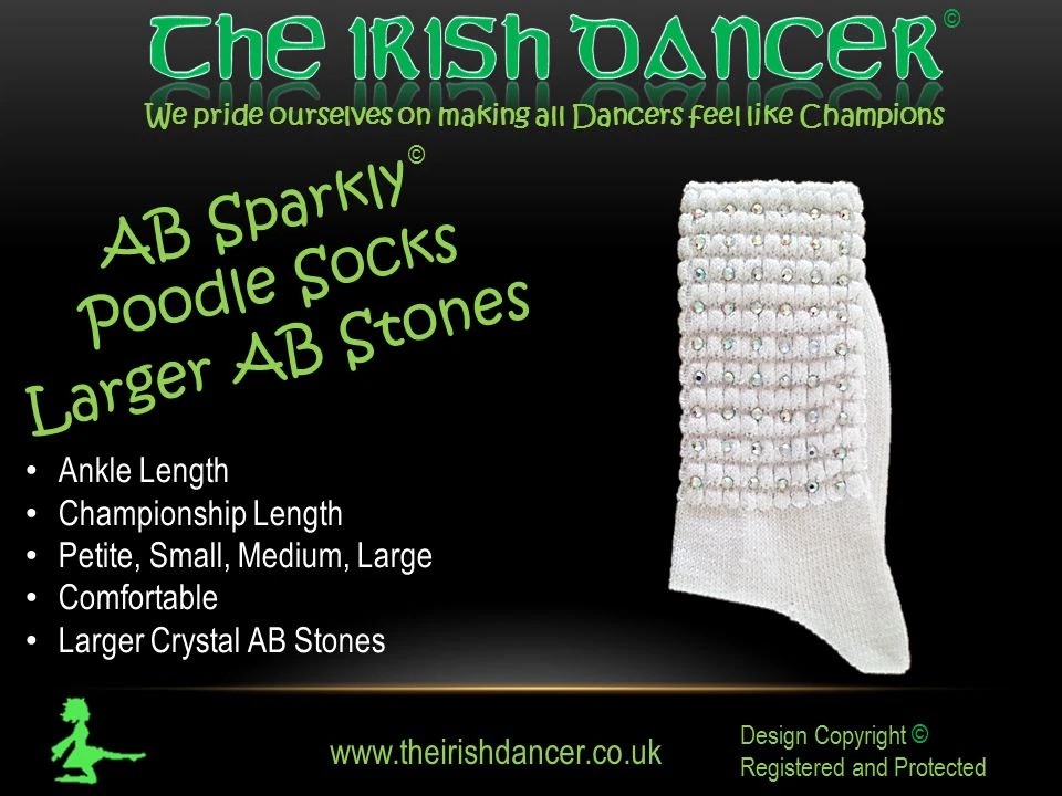 THE IRISH DANCER Larger AB Sparklys White Ankle Length Diamonted Poodle Socks - Ultra Low
