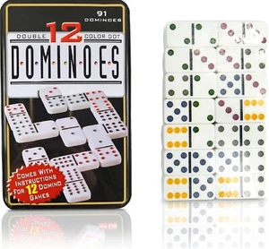Doppel 12 Domino in Metalldose Color 91 Stück mit farbigen Punkten Mexican Train - Bild 1 von 4