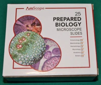 Juego de diapositivas de microscopio preparado AmScope PS25 para caja de madera de ciencias biológicas básicas Foto 1 de 4