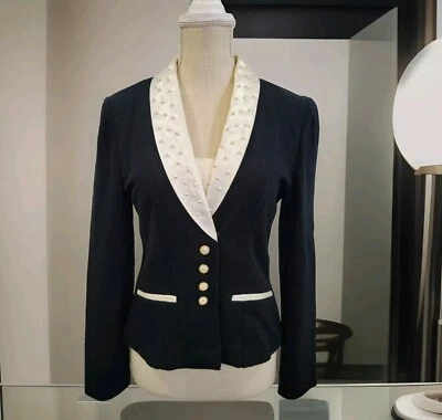 Blazer tejido Leslie Fay vintage talla 6 negro marfil perla cuello satinado EE. UU. Foto 1 de 4