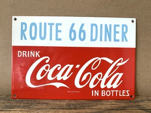 VINTAGE ROUTE 66 Drink COCA-COLA IN BOTTLES SODA COKE PORCELAIN GAS OIL AD SIGN - Picture 1 of 12