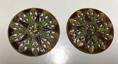 Antique Pair of Enamel Cloisonne Buttons Contrasting Colors Starburst Shank Back - Image 1 of 4