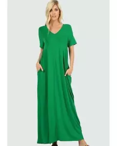 Keeping It Comfy Short Sleeve V-Neck Neck Maxi T-Shirt Dress in Kelly Green - Picture 1 of 2