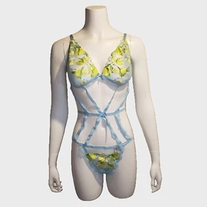 Victoria's Secret Lemon Embroidery Strappy Teddy XL Bodysuit Blue Yellow Sheer - Picture 1 of 4
