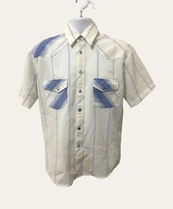 Liquid Mens Western Pearl Snap Shirt Size M Pockets White Blue Stripes Stains - Picture 1 of 8