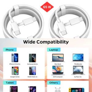 2-PACK 65W USB C to USB C Cable Fast Charger Cord for iPad iPhone 15 Pro Max - Picture 1 of 5