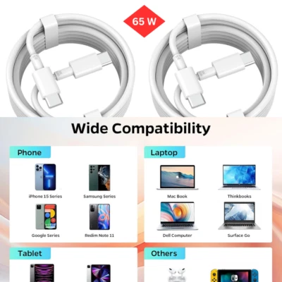 2-PACK 65W USB C to USB C Cable Fast Charger Cord for iPad iPhone 15 Pro Max - Image 1 of 4