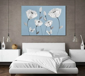 GRAN HERMOSO LIENZO ARTE AZUL GRIS BLANCO FLORES DORMITORIO SALÓN IMPRESIÓN DE IMAGEN - Imagen 1 de 3