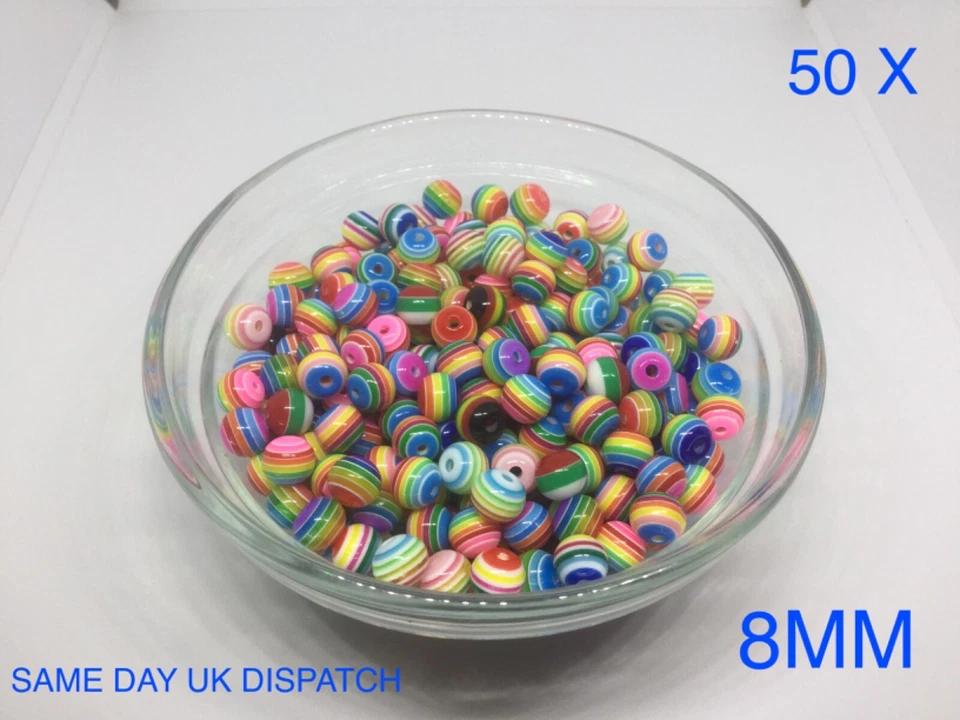 50 X RAINBOW STRIPE ROUND RESIN BEADS 8MM TOP QUALITY JEWELLERY MAKING BRACELET  - Image 1 of 1