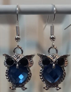 Handmade/Assembled Owl Earrings with Rhinestones, various colours, Hook Earrings - Picture 1 of 5