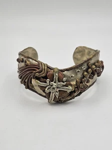 Vintage Modernist Brutalist Mix Metal Silver Tone Brass Abstract Cuff Bracelet - Picture 1 of 13