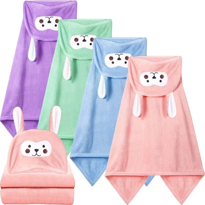 4 Pack 28x55 Inch Toddler Baby Towels with Hood Kids Bath Towels 4 Colors - Image 1 of 4