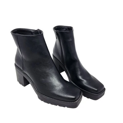 Olivia Miller Black Faux Leather Zip Up Square Toe Chunky Platform Boots Size 11 - Image 1 of 4