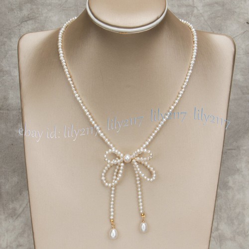 VETEMENTS Elegant 5 6mm Natural White Freshwater Pearl Bowknot Pendant Necklace 20 inch