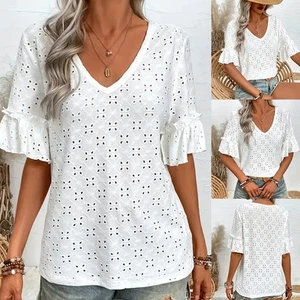 Flutter Sleeve Blouse Lace Knit Peplum Top Daily Use Delicate Lace Fabric - Picture 1 of 75