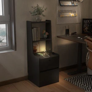 Nachttisch mit Bücherregal LED-Licht & 2 abschließbaren Funktionen Aufbewahrungsschrank schwarz - Bild 1 von 13