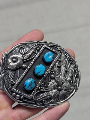 vintage USA made HANDCRAFTED belt buckle SSI western NATIVE AMERICAN turquoise - Image 1 of 4