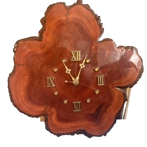 Vintage MCM Lacquer Live Edge Wood Slab Wall Clock Handmade Works - Picture 1 of 15