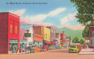 Tarjeta postal NC Andrews Carolina del Norte-Main Street-Vintage-Vintage Lino c1950 (E4) - Imagen 1 de 4