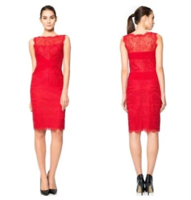 Vestido Midi Feminino Tadashi Shoji Chantilly Tamanho 16 Renda Vermelha Transparente Jugo Coquetel - Imagem 1 de 4