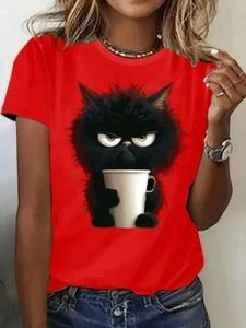 T-shirt manica corta nuova con etichette splendida 2XL rossa arrabbiata nera gatto che beve caffè stampa - Foto 1 di 7