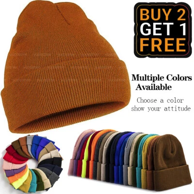 Beanie Hat Cap Plain Knit Ski Skully Cuff Winter Warm Slouchy Men Women Solid CF - Image 1 of 4