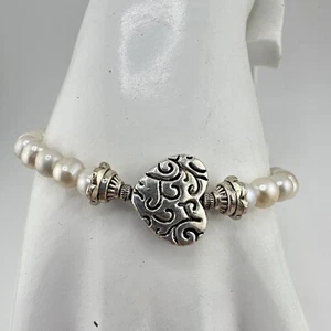 6.75” Silver Plated Heart Scroll Design Freshwater Cultured Pearl Bracelet - Picture 1 of 7